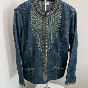 Chico's Blue Denim Jean Jacket with detailed beading design -turquoise and gold